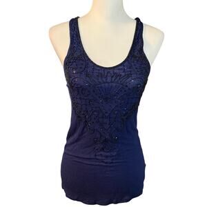 Y2K Vintage Forever 21 Navy Blue Beaded Knit Tank Top Size Medium